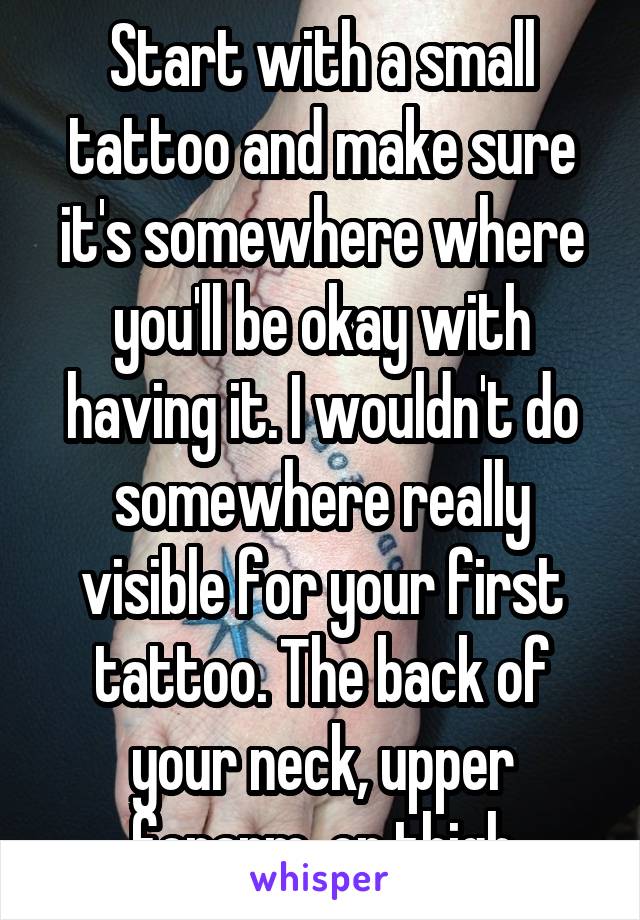 Start with a small tattoo and make sure it's somewhere where you'll be okay with having it. I wouldn't do somewhere really visible for your first tattoo. The back of your neck, upper forarm, or thigh