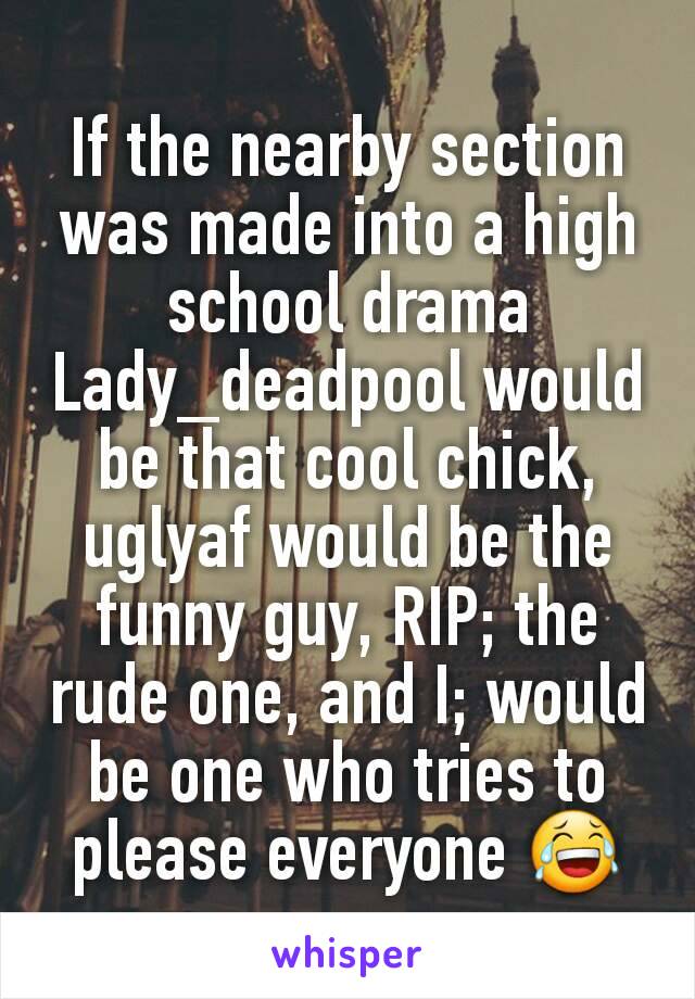 If the nearby section was made into a high school drama Lady_deadpool would be that cool chick, uglyaf would be the funny guy, RIP; the rude one, and I; would be one who tries to please everyone 😂