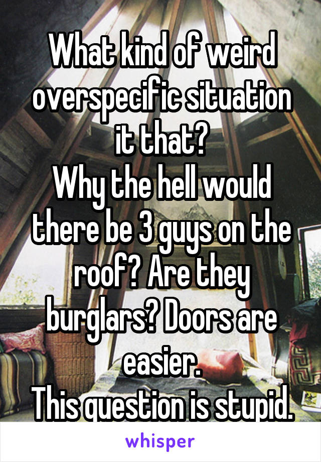 What kind of weird overspecific situation it that?
Why the hell would there be 3 guys on the roof? Are they burglars? Doors are easier.
This question is stupid.