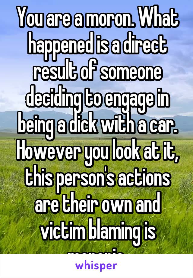 You are a moron. What happened is a direct result of someone deciding to engage in being a dick with a car. However you look at it, this person's actions are their own and victim blaming is moronic.