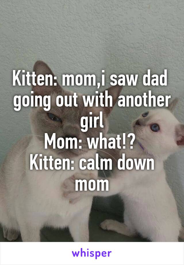 Kitten: mom,i saw dad  going out with another girl
Mom: what!? 
Kitten: calm down mom