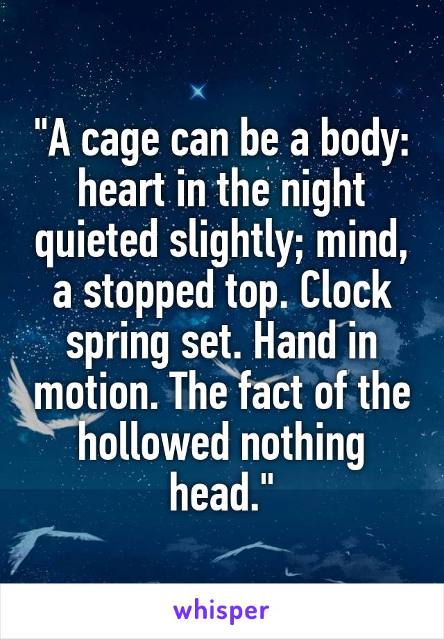 "A cage can be a body: heart in the night quieted slightly; mind, a stopped top. Clock spring set. Hand in motion. The fact of the hollowed nothing head."