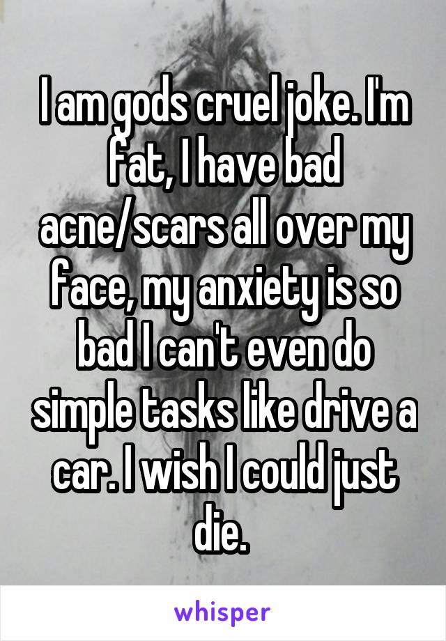 I am gods cruel joke. I'm fat, I have bad acne/scars all over my face, my anxiety is so bad I can't even do simple tasks like drive a car. I wish I could just die. 