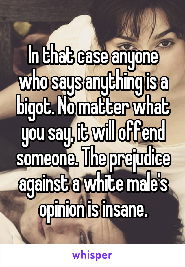 In that case anyone who says anything is a bigot. No matter what you say, it will offend someone. The prejudice against a white male's opinion is insane.