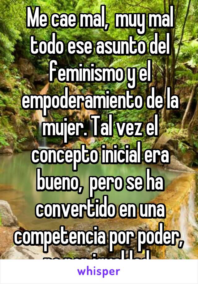 Me cae mal,  muy mal todo ese asunto del feminismo y el empoderamiento de la mujer. Tal vez el concepto inicial era bueno,  pero se ha convertido en una competencia por poder,  no por igualdad. 