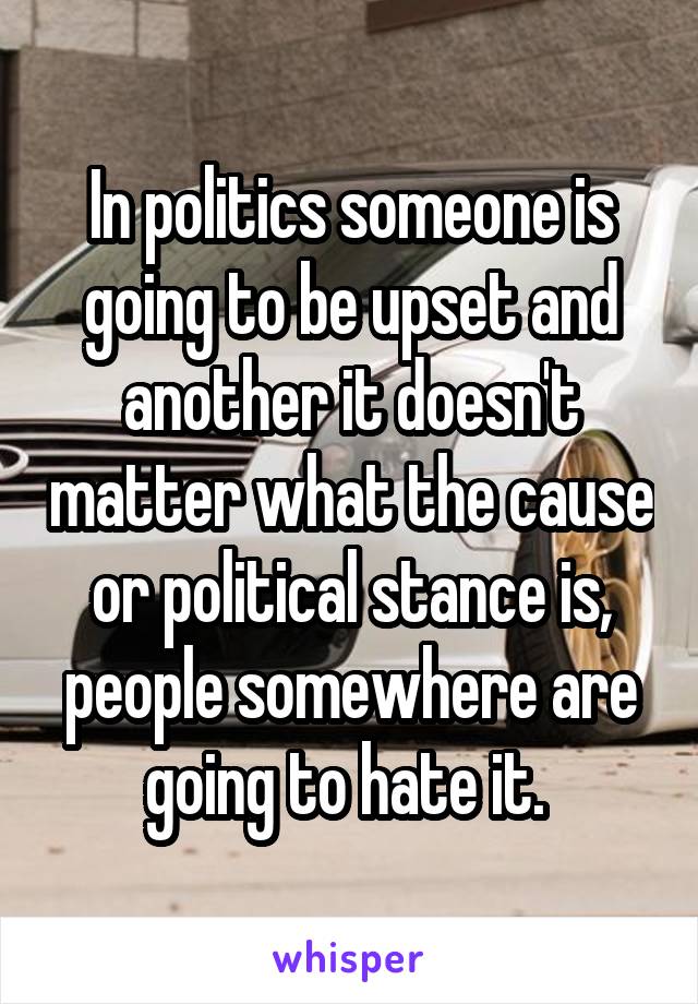 In politics someone is going to be upset and another it doesn't matter what the cause or political stance is, people somewhere are going to hate it. 