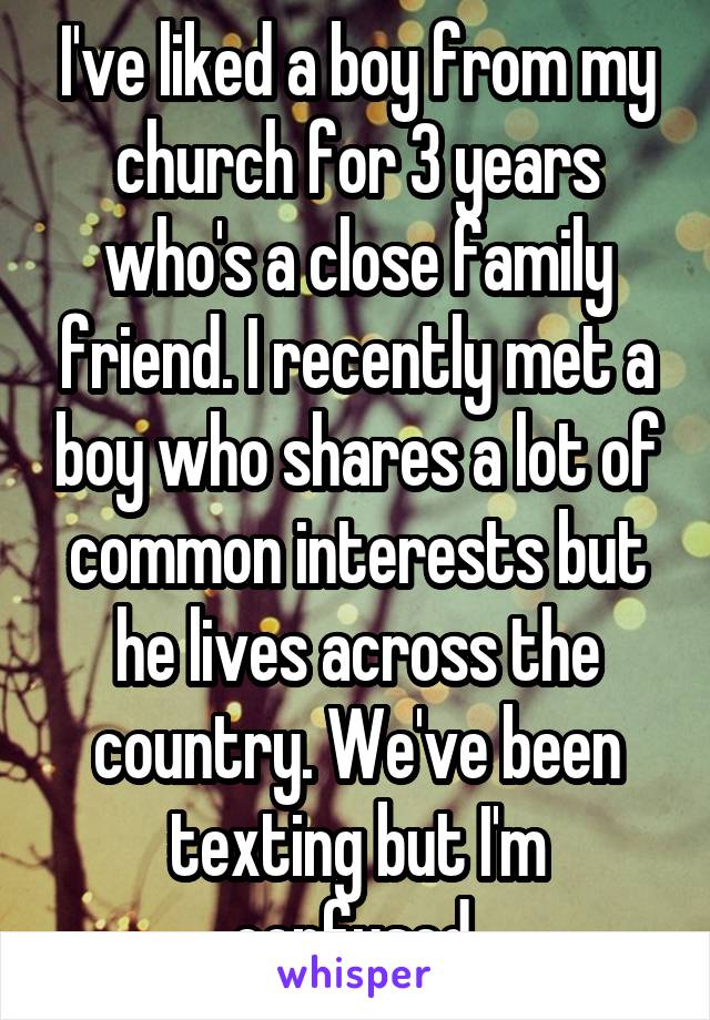 I've liked a boy from my church for 3 years who's a close family friend. I recently met a boy who shares a lot of common interests but he lives across the country. We've been texting but I'm confused 