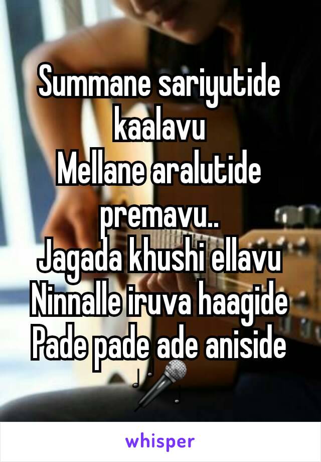 Summane sariyutide kaalavu
Mellane aralutide premavu..
Jagada khushi ellavu
Ninnalle iruva haagide
Pade pade ade aniside🎤