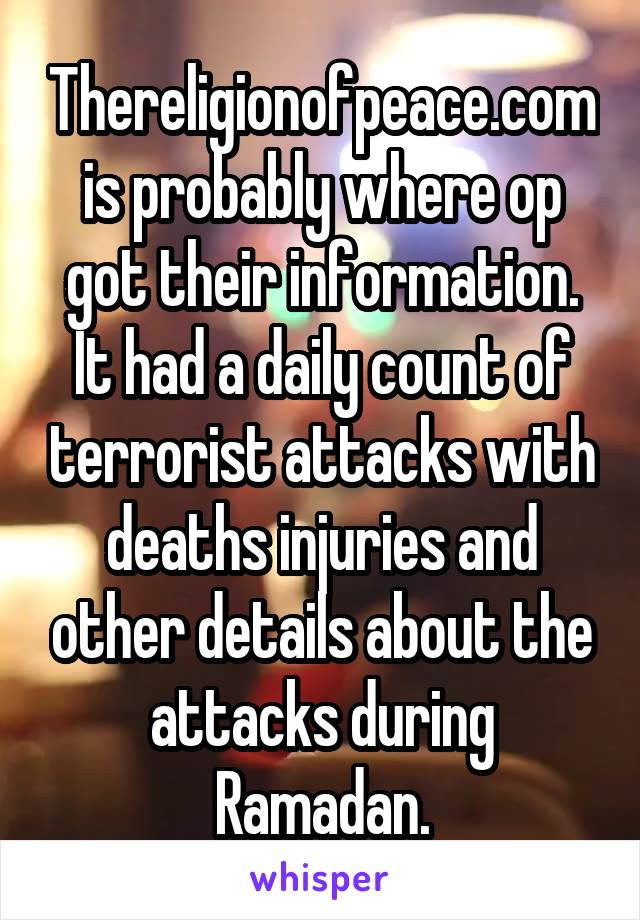 Thereligionofpeace.com is probably where op got their information. It had a daily count of terrorist attacks with deaths injuries and other details about the attacks during Ramadan.