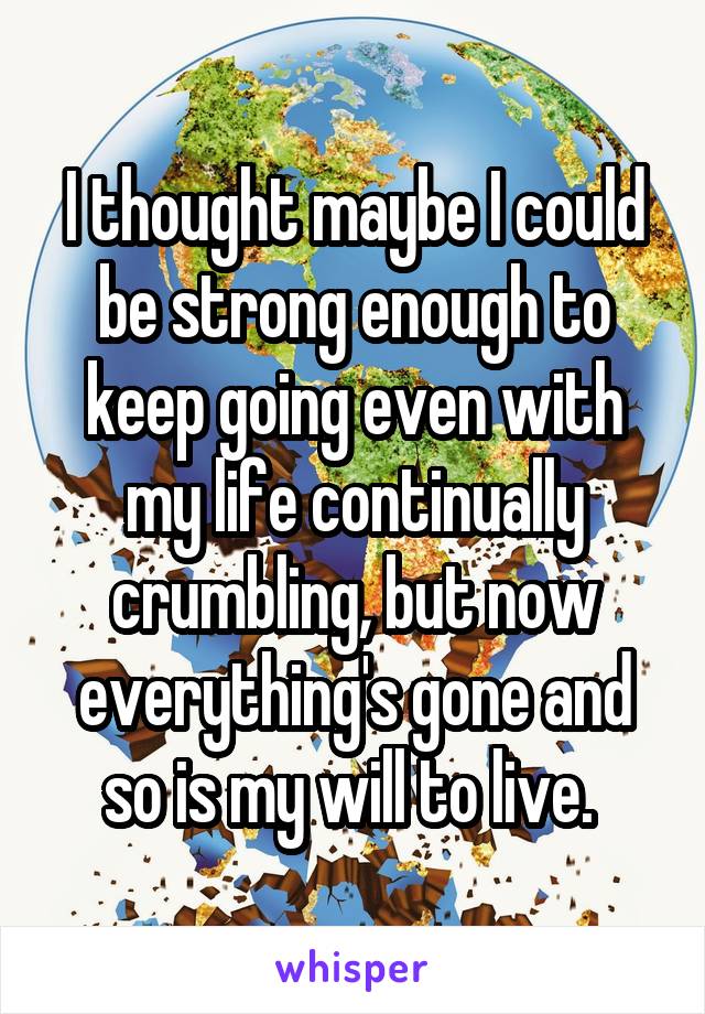 I thought maybe I could be strong enough to keep going even with my life continually crumbling, but now everything's gone and so is my will to live. 