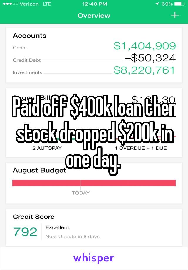 Paid off $400k loan then stock dropped $200k in one day. 