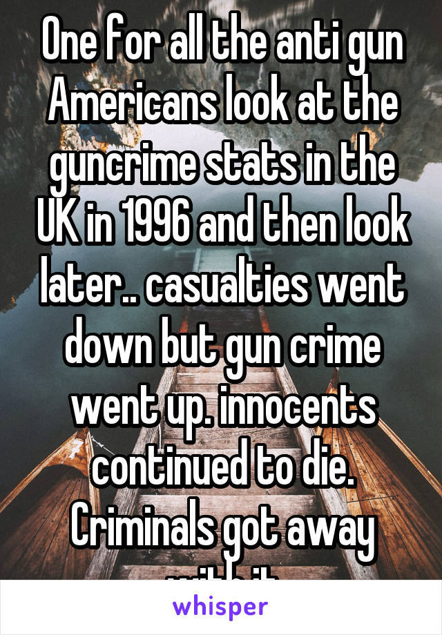 One for all the anti gun Americans look at the guncrime stats in the UK in 1996 and then look later.. casualties went down but gun crime went up. innocents continued to die. Criminals got away with it