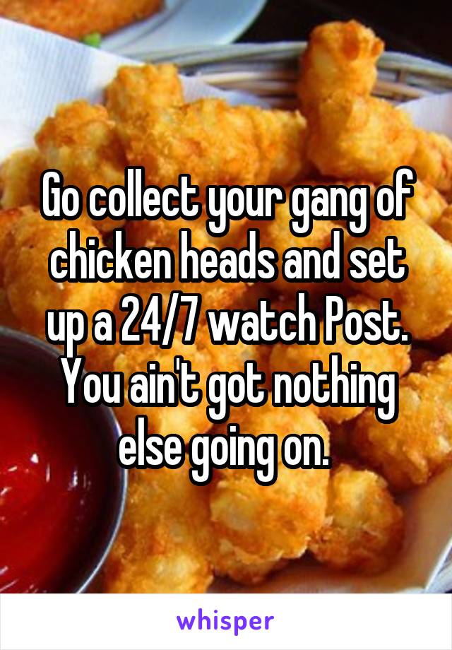 Go collect your gang of chicken heads and set up a 24/7 watch Post. You ain't got nothing else going on. 