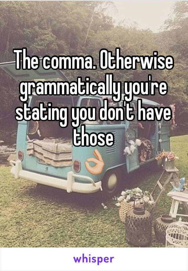 The comma. Otherwise grammatically you're stating you don't have those 
👌🏼