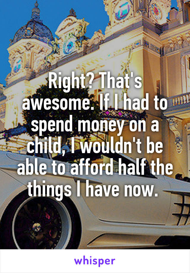 Right? That's awesome. If I had to spend money on a child, I wouldn't be able to afford half the things I have now. 