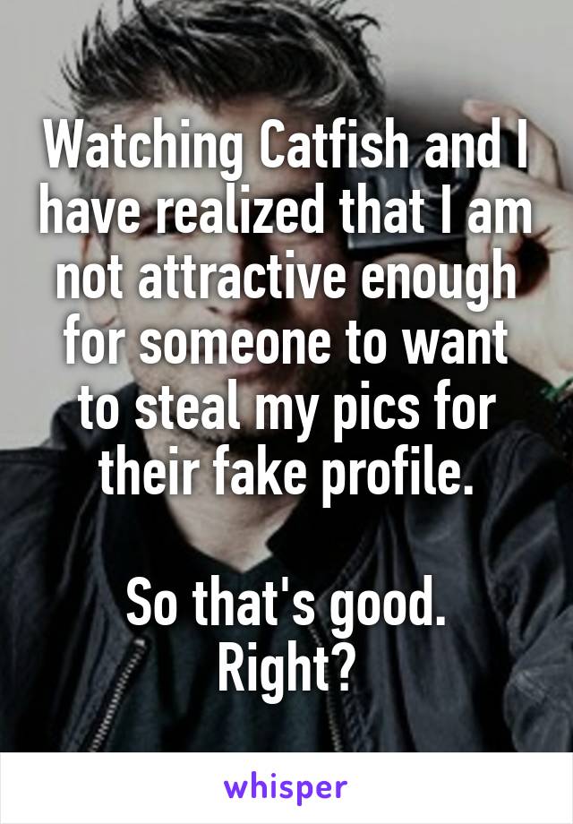 Watching Catfish and I have realized that I am not attractive enough for someone to want to steal my pics for their fake profile.

So that's good. Right?