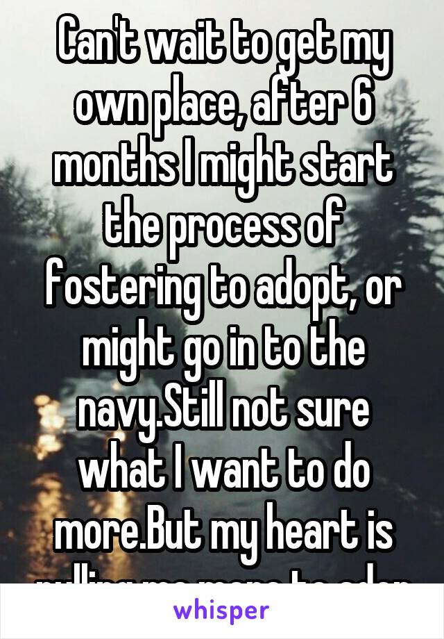 Can't wait to get my own place, after 6 months I might start the process of fostering to adopt, or might go in to the navy.Still not sure what I want to do more.But my heart is pulling me more to adop