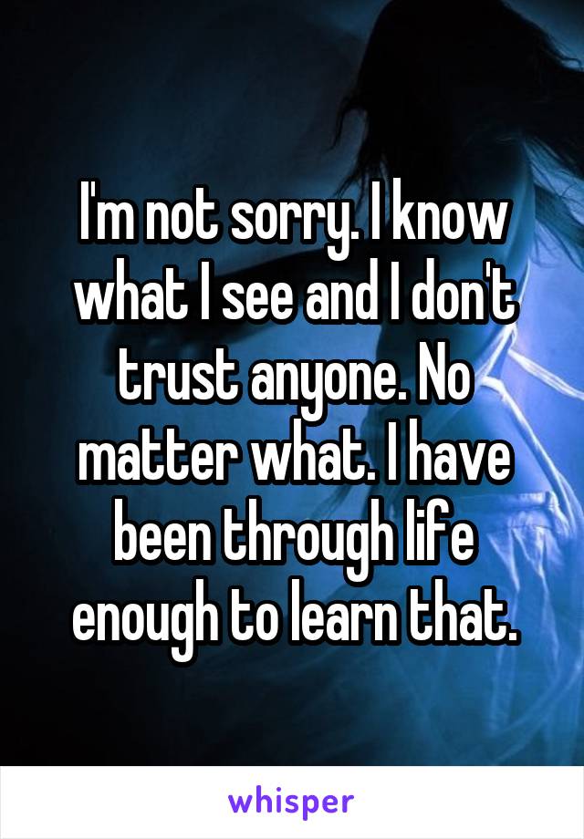 I'm not sorry. I know what I see and I don't trust anyone. No matter what. I have been through life enough to learn that.