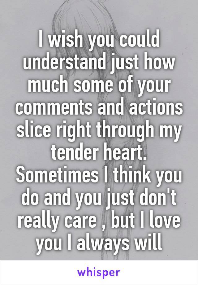 I wish you could understand just how much some of your comments and actions slice right through my tender heart. Sometimes I think you do and you just don't really care , but I love you I always will