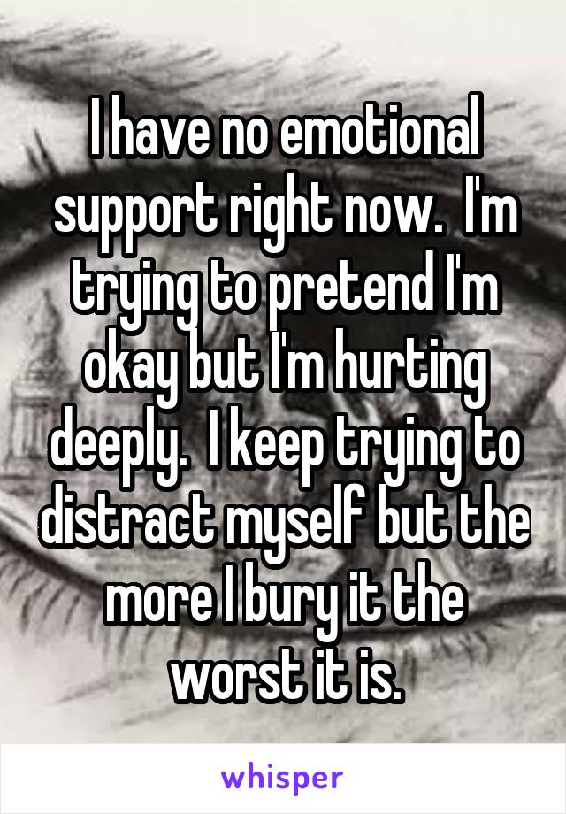 I have no emotional support right now.  I'm trying to pretend I'm okay but I'm hurting deeply.  I keep trying to distract myself but the more I bury it the worst it is.