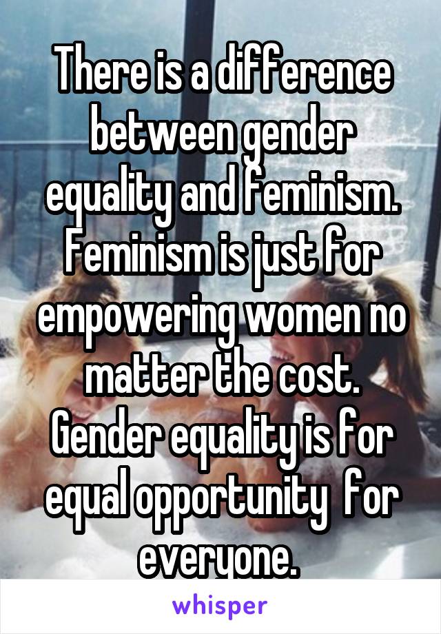 There is a difference between gender equality and feminism. Feminism is just for empowering women no matter the cost. Gender equality is for equal opportunity  for everyone. 