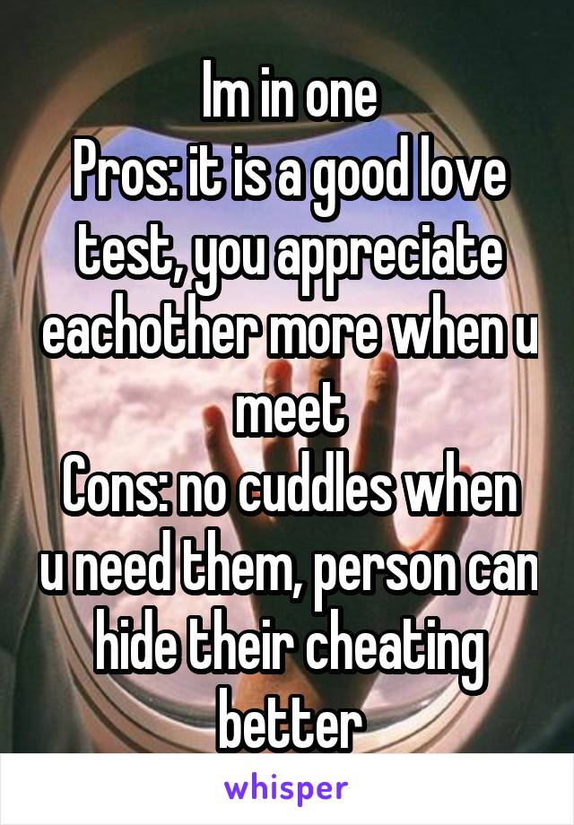 Im in one
Pros: it is a good love test, you appreciate eachother more when u meet
Cons: no cuddles when u need them, person can hide their cheating better