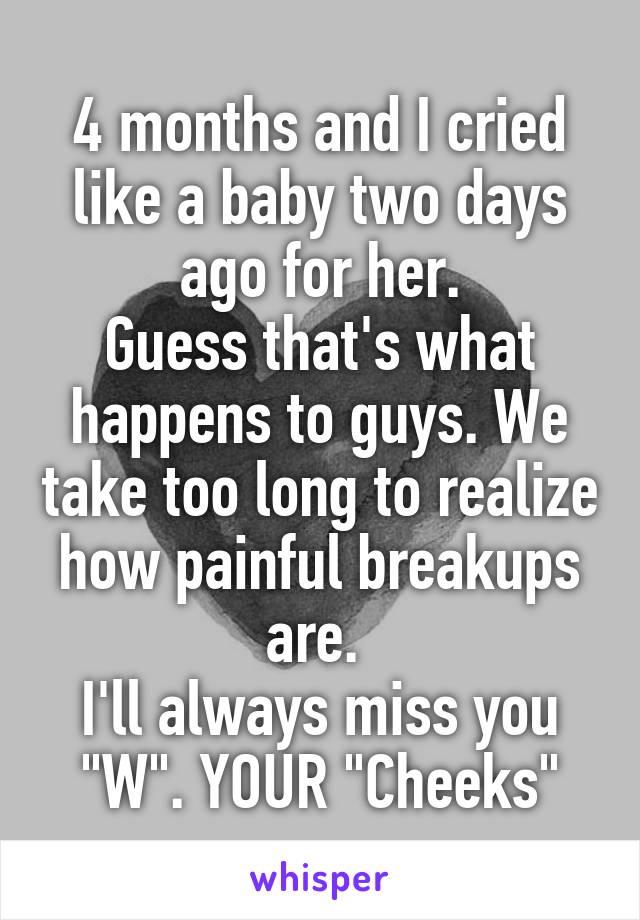 4 months and I cried like a baby two days ago for her.
Guess that's what happens to guys. We take too long to realize how painful breakups are. 
I'll always miss you
"W". YOUR "Cheeks"