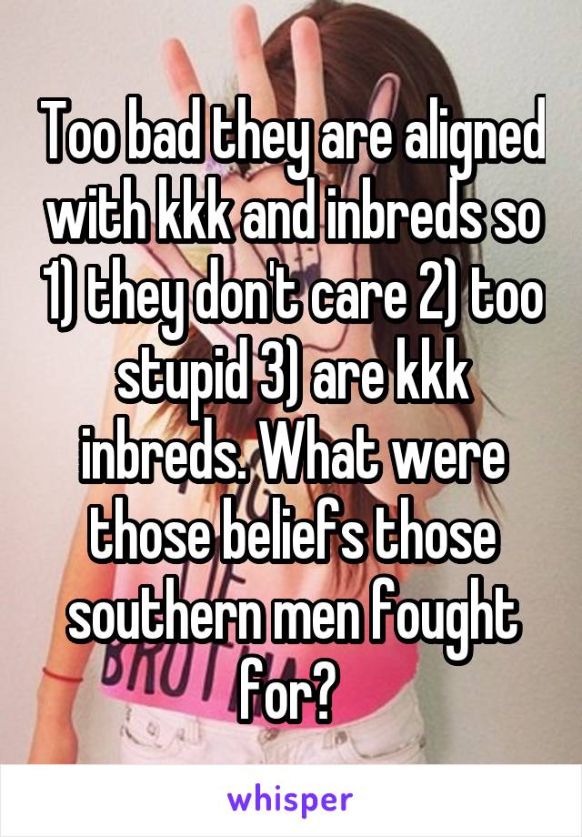 Too bad they are aligned with kkk and inbreds so 1) they don't care 2) too stupid 3) are kkk inbreds. What were those beliefs those southern men fought for? 