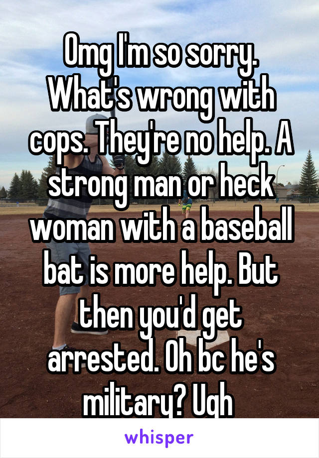 Omg I'm so sorry. What's wrong with cops. They're no help. A strong man or heck woman with a baseball bat is more help. But then you'd get arrested. Oh bc he's military? Ugh 