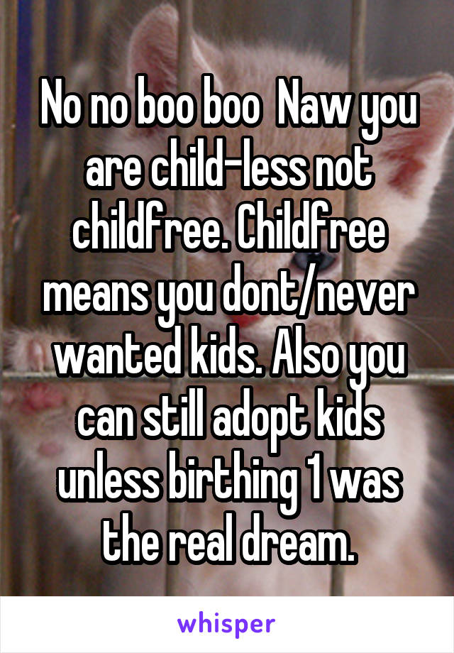 No no boo boo  Naw you are child-less not childfree. Childfree means you dont/never wanted kids. Also you can still adopt kids unless birthing 1 was the real dream.