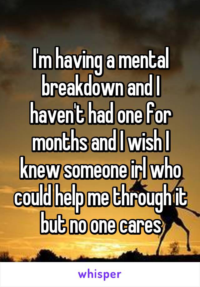 I'm having a mental breakdown and I haven't had one for months and I wish I knew someone irl who could help me through it but no one cares