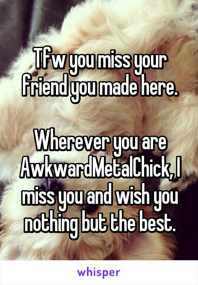 Tfw you miss your friend you made here.

Wherever you are AwkwardMetalChick, I miss you and wish you nothing but the best.