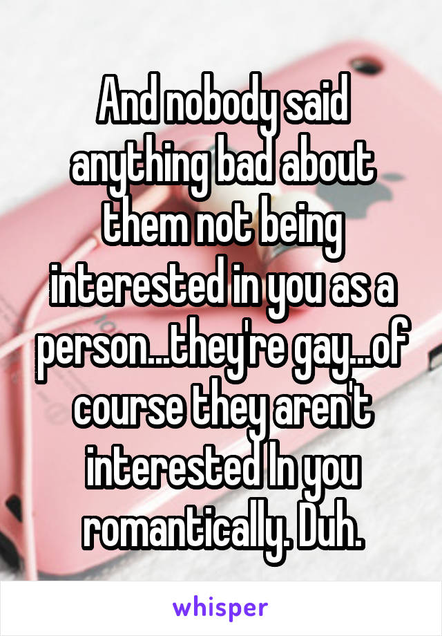 And nobody said anything bad about them not being interested in you as a person...they're gay...of course they aren't interested In you romantically. Duh.