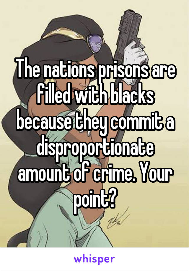 The nations prisons are filled with blacks because they commit a disproportionate amount of crime. Your point?