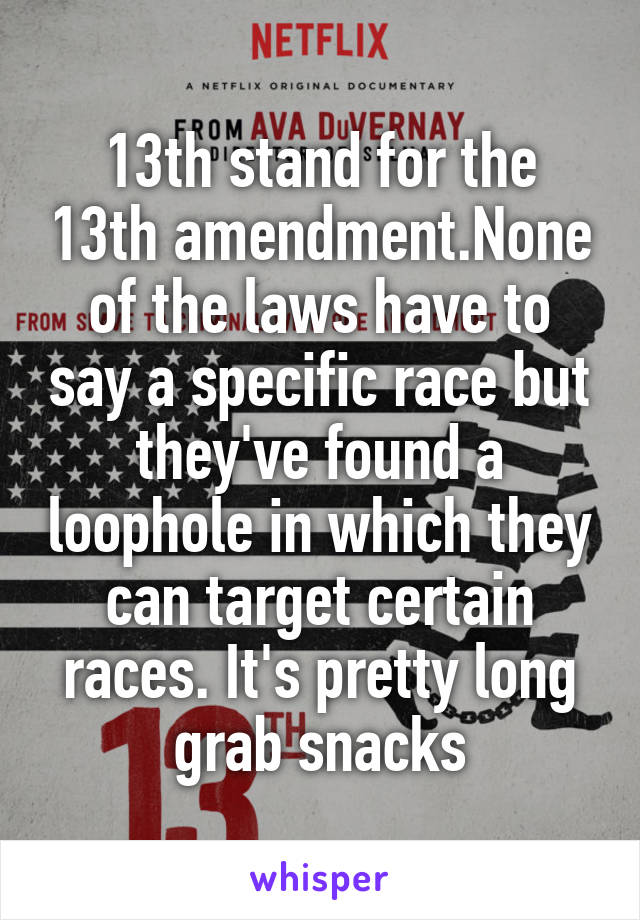 13th stand for the 13th amendment.None of the laws have to say a specific race but they've found a loophole in which they can target certain races. It's pretty long grab snacks