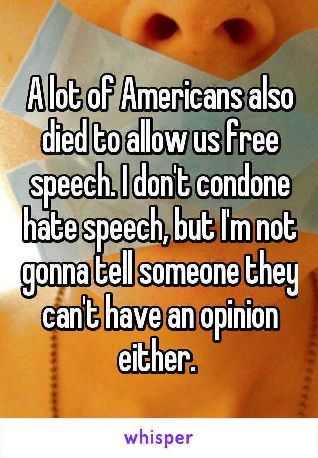 A lot of Americans also died to allow us free speech. I don't condone hate speech, but I'm not gonna tell someone they can't have an opinion either. 