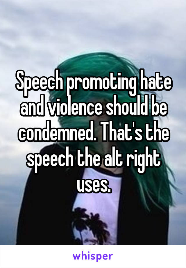 Speech promoting hate and violence should be condemned. That's the speech the alt right uses.