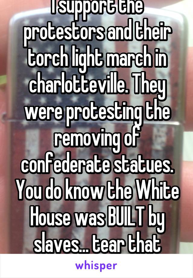 I support the protestors and their torch light march in charlotteville. They were protesting the removing of confederate statues. You do know the White House was BUILT by slaves... tear that down. 