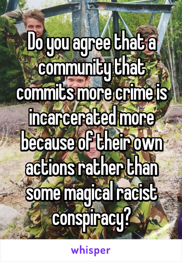 Do you agree that a community that commits more crime is incarcerated more because of their own actions rather than some magical racist conspiracy?