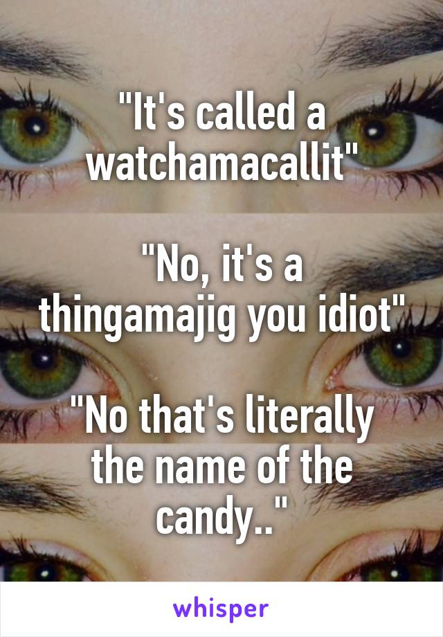 "It's called a watchamacallit"

"No, it's a thingamajig you idiot"

"No that's literally the name of the candy.."