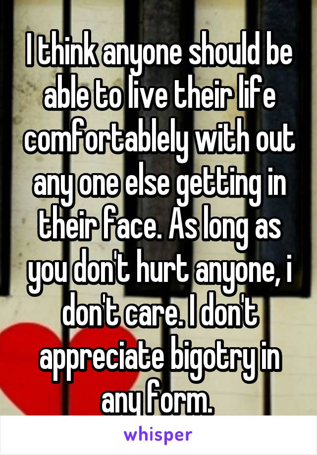 I think anyone should be able to live their life comfortablely with out any one else getting in their face. As long as you don't hurt anyone, i don't care. I don't appreciate bigotry in any form. 