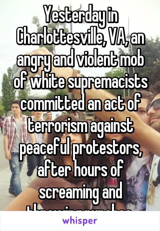 Yesterday in Charlottesville, VA, an angry and violent mob of white supremacists committed an act of terrorism against peaceful protestors, after hours of screaming and throwing punches 