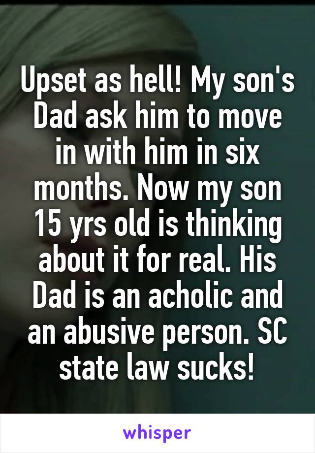 Upset as hell! My son's Dad ask him to move in with him in six months. Now my son 15 yrs old is thinking about it for real. His Dad is an acholic and an abusive person. SC state law sucks!