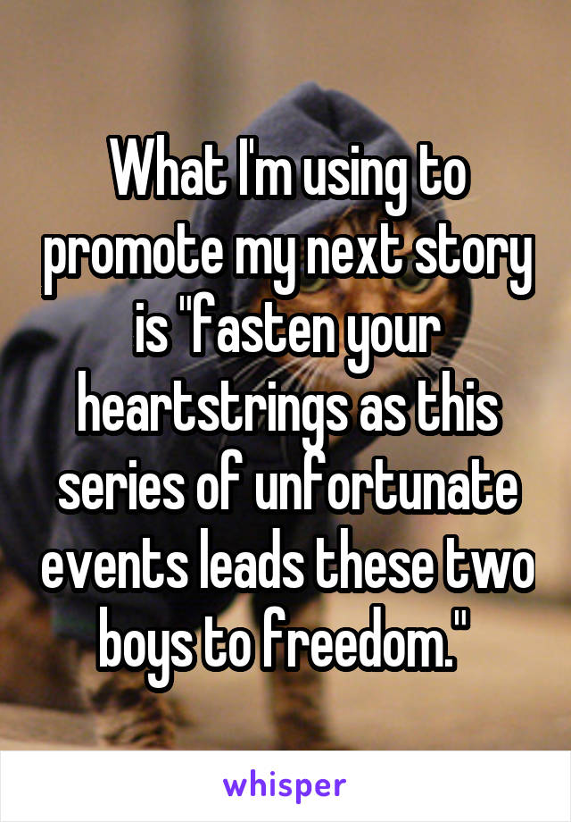 What I'm using to promote my next story is "fasten your heartstrings as this series of unfortunate events leads these two boys to freedom." 