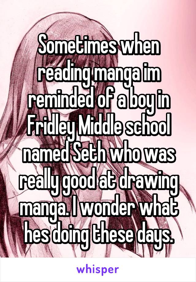 Sometimes when reading manga im reminded of a boy in Fridley Middle school named Seth who was really good at drawing manga. I wonder what hes doing these days.