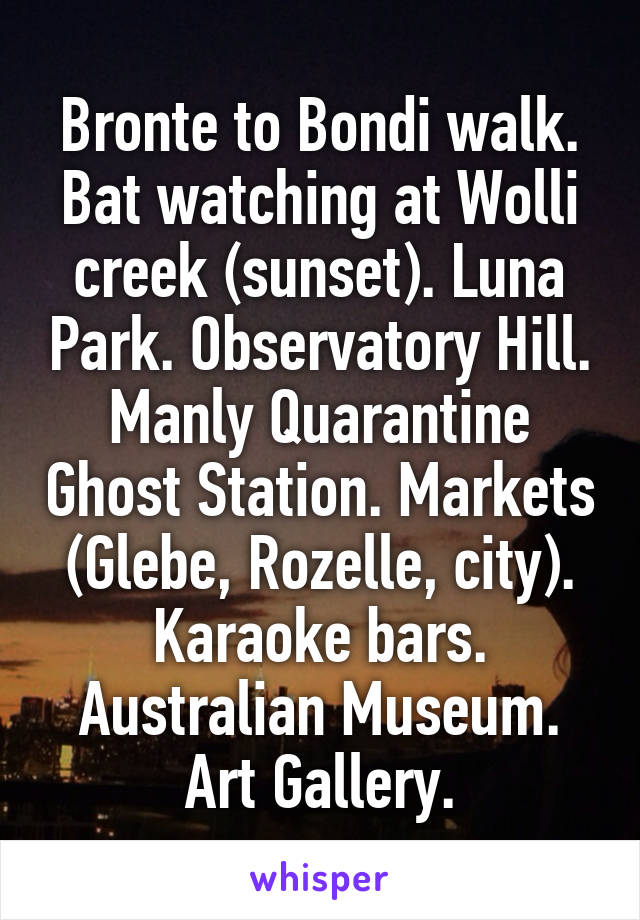 Bronte to Bondi walk. Bat watching at Wolli creek (sunset). Luna Park. Observatory Hill. Manly Quarantine Ghost Station. Markets (Glebe, Rozelle, city). Karaoke bars. Australian Museum. Art Gallery.