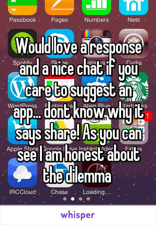 Would love a response and a nice chat if you care to suggest an app... dont know why it says share! As you can see I am honest about the dilemma 