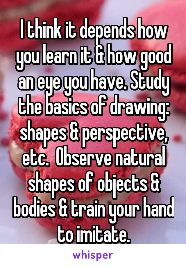 I think it depends how you learn it & how good an eye you have. Study the basics of drawing: shapes & perspective, etc.  Observe natural shapes of objects & bodies & train your hand to imitate.