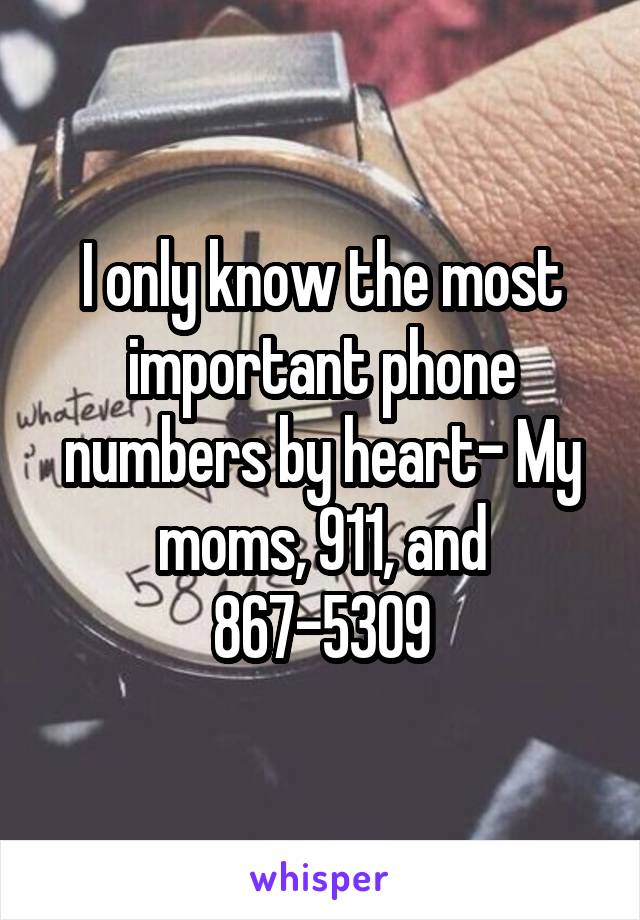 I only know the most important phone numbers by heart- My moms, 911, and 867-5309