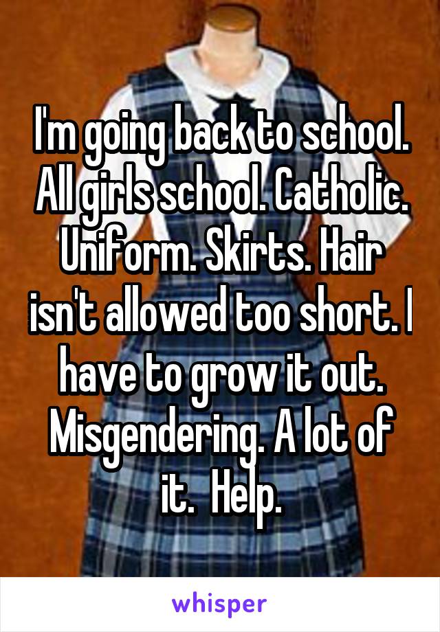 I'm going back to school. All girls school. Catholic. Uniform. Skirts. Hair isn't allowed too short. I have to grow it out. Misgendering. A lot of it.  Help.